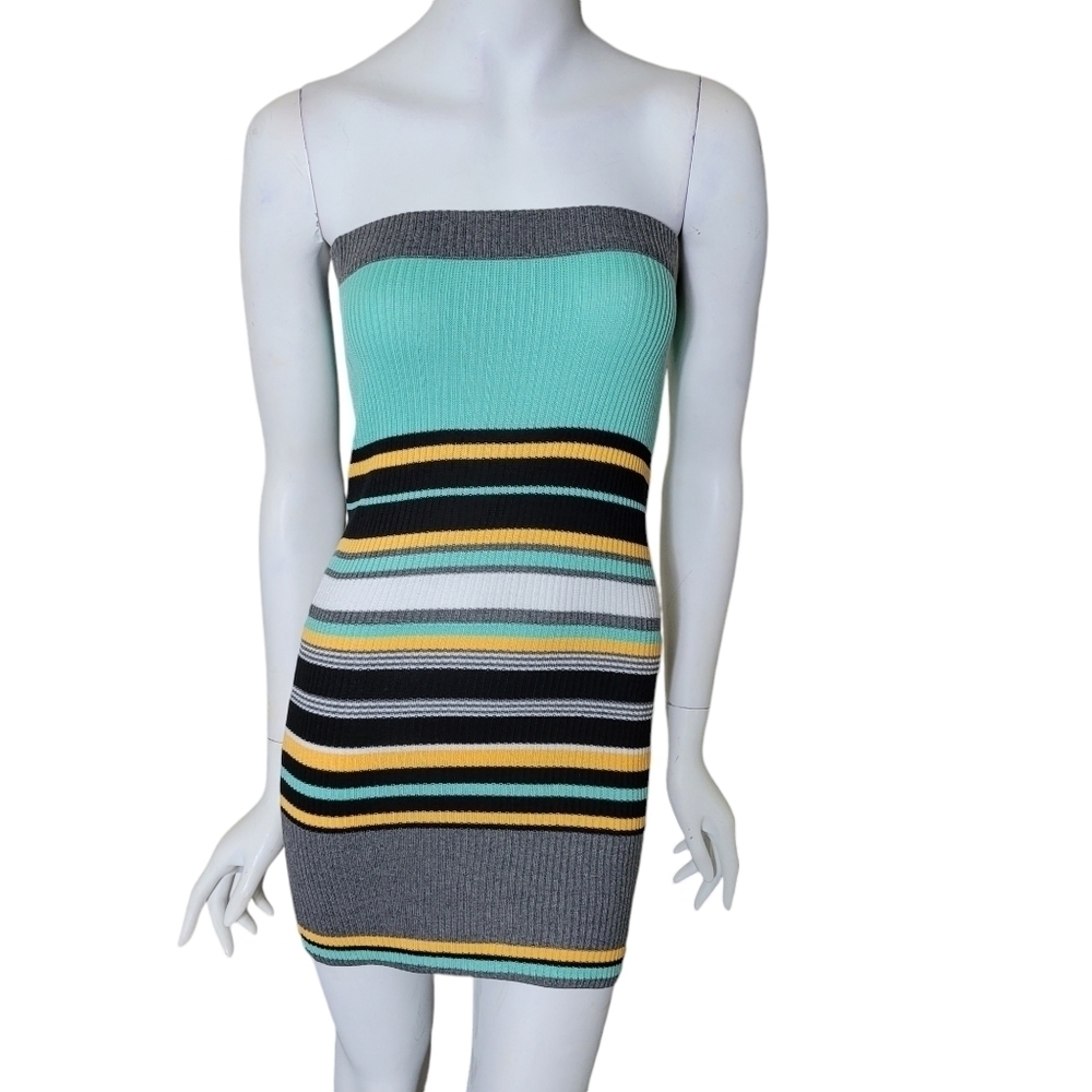 Green Striped Mini Rib Knit‎ Sleeveless Tube Bodycon Dress